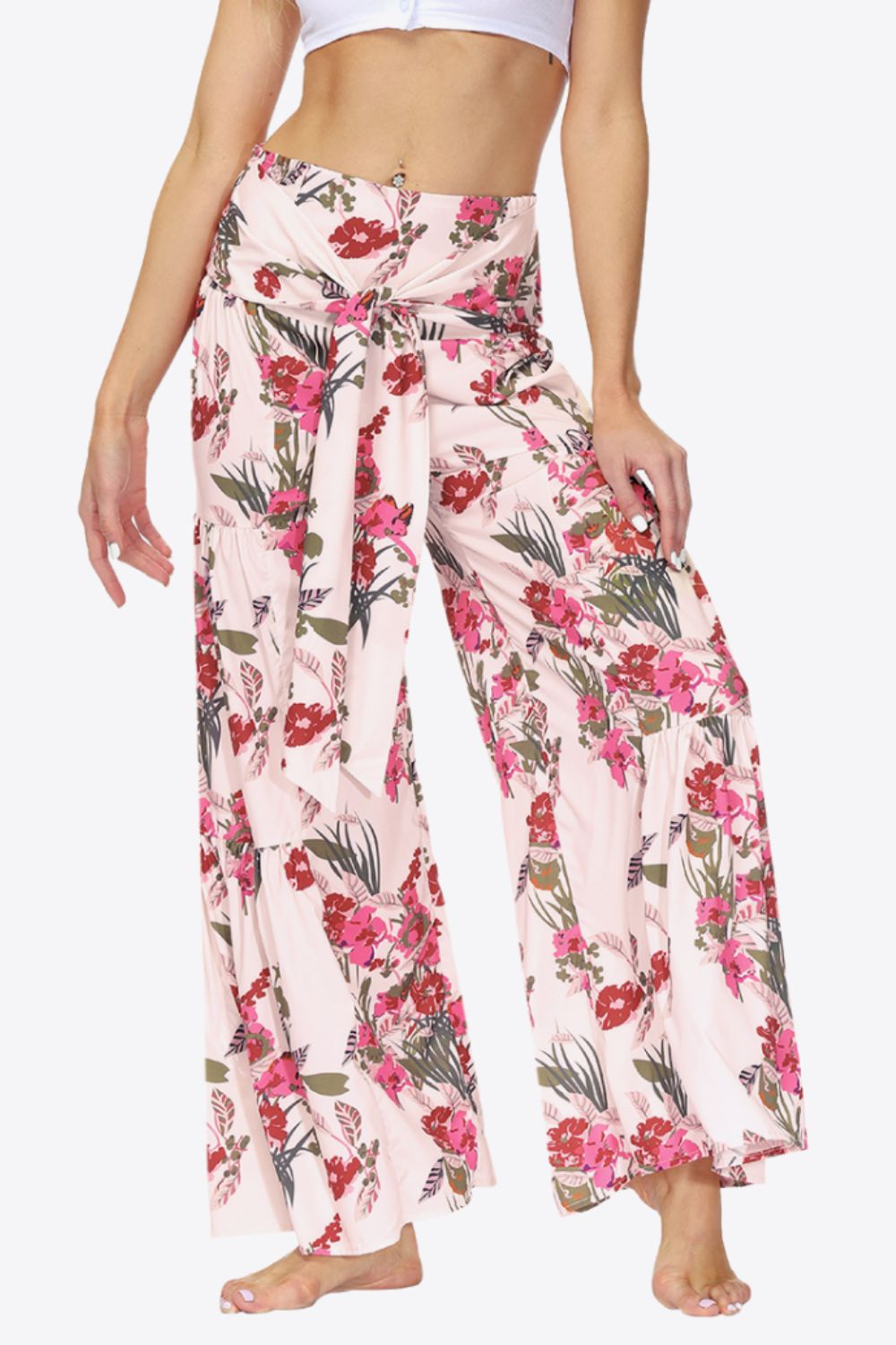 Floral Tie-Waist Tiered Culottes - Pink / S - Bottoms - Pants - 11 - 2024