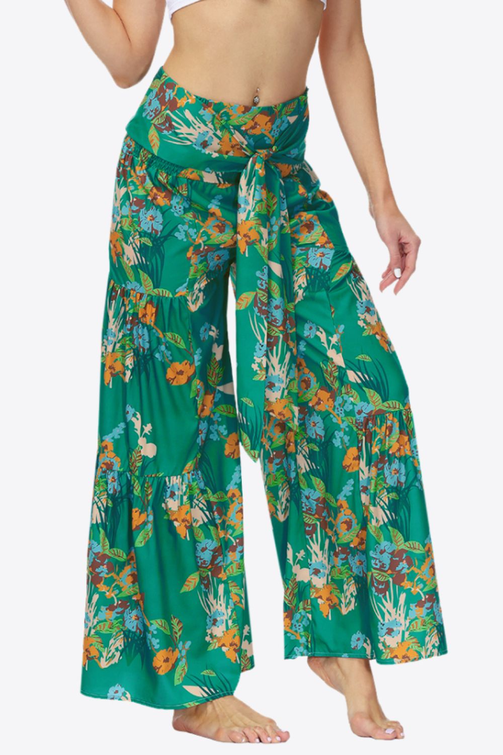 Floral Tie-Waist Tiered Culottes - Green / S - Bottoms - Pants - 23 - 2024