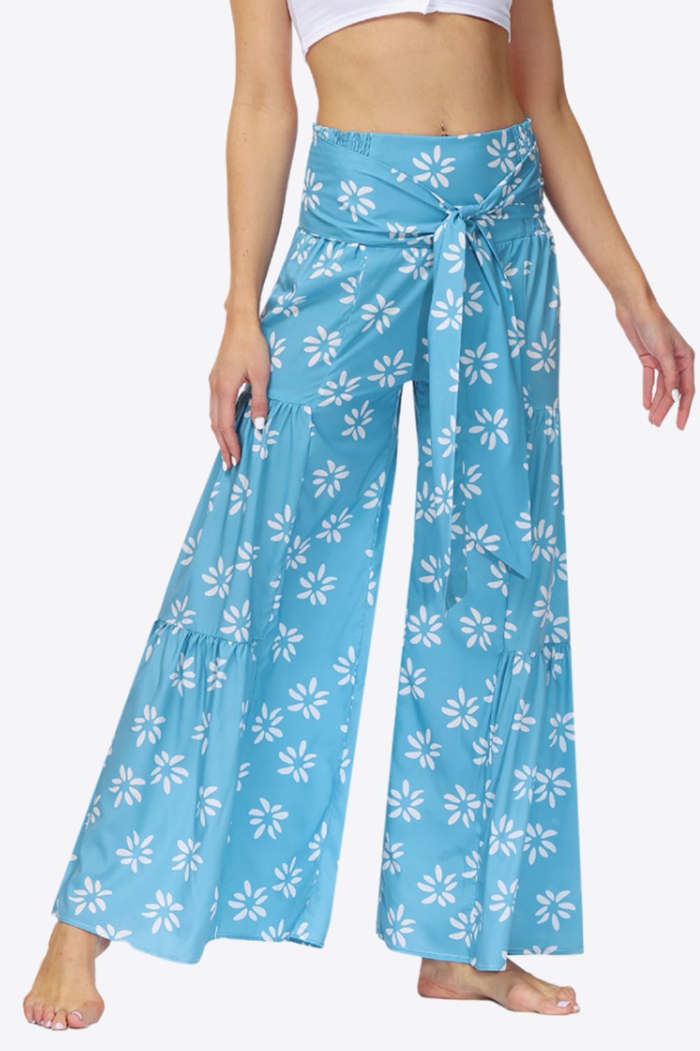 Floral Tie-Waist Tiered Culottes - Light Blue / S - Bottoms - Pants - 1 - 2024