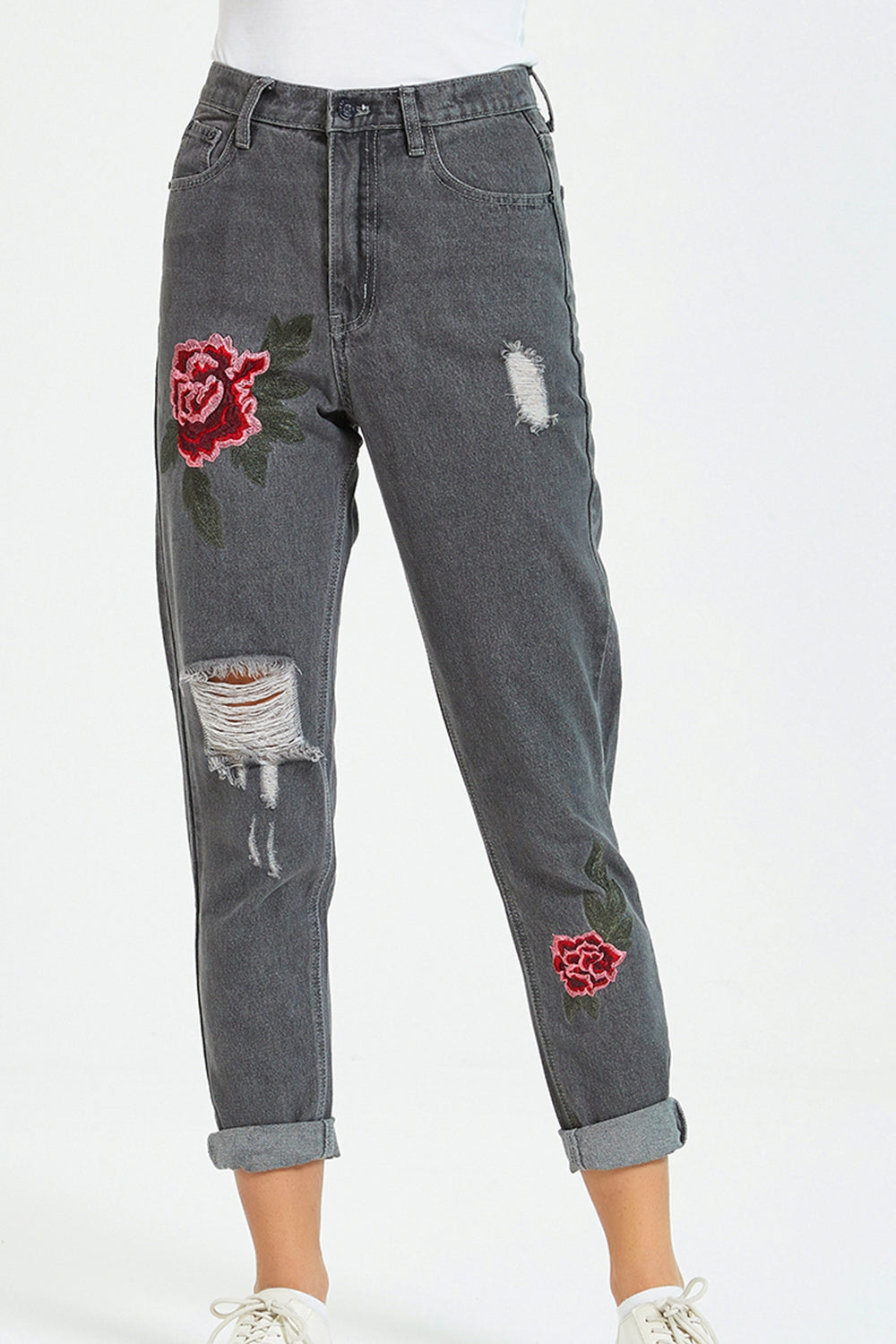 Flower Embroidery Distressed Jeans - Gray / 25 - Bottoms - Pants - 1 - 2024