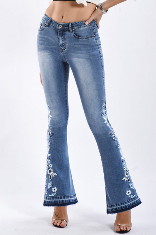 Flower Embroidery Wide Leg Jeans - Medium / S - Bottoms - Pants - 1 - 2024