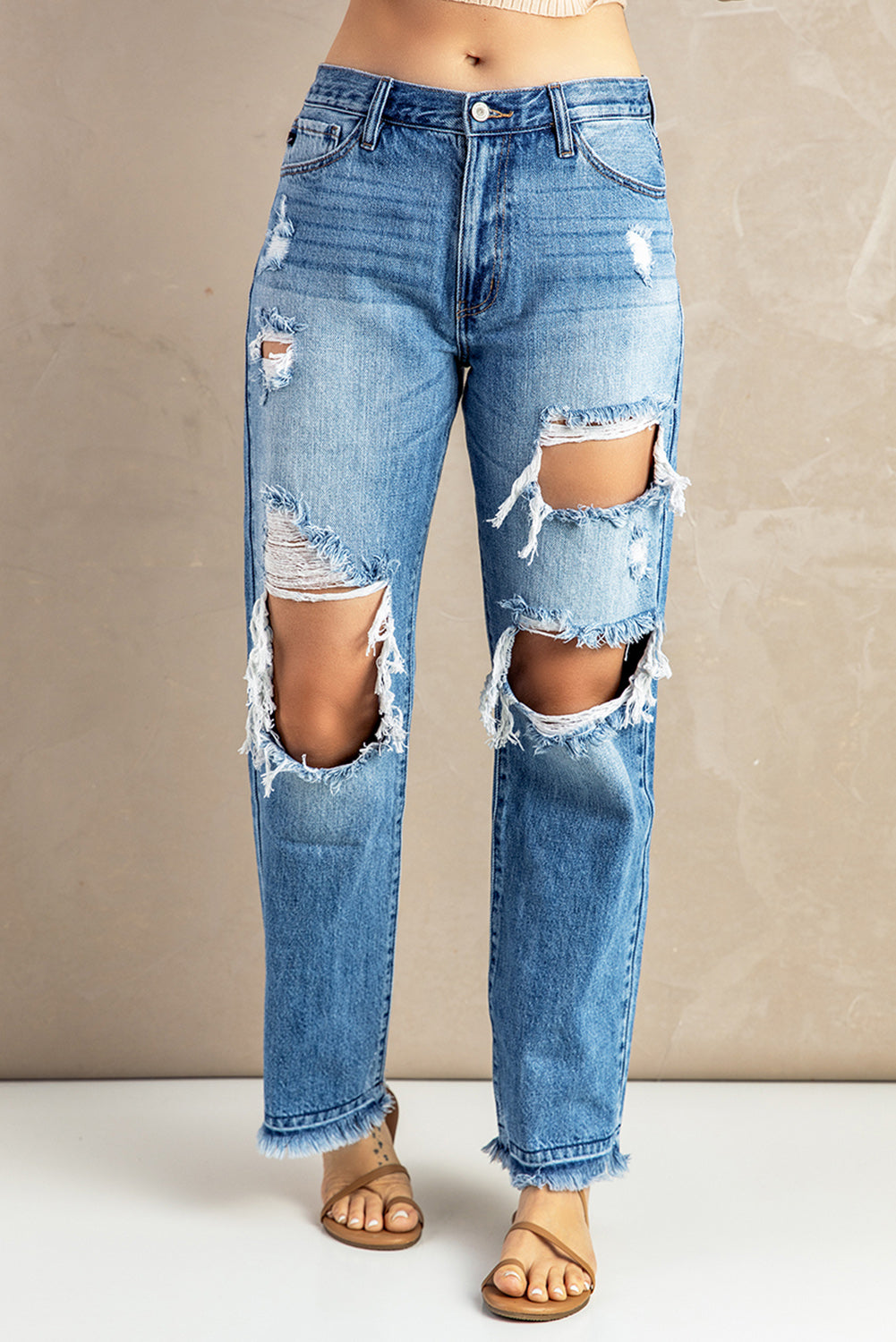 Frayed Hem Distressed Jeans with Pockets - Light / XL - Bottoms - Pants - 4 - 2024