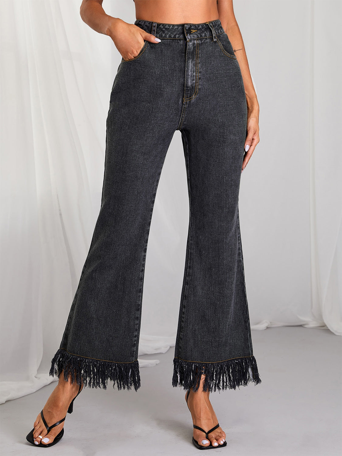 Fringe Detail Wide Leg Jeans - Black / XS - Bottoms - Pants - 1 - 2024