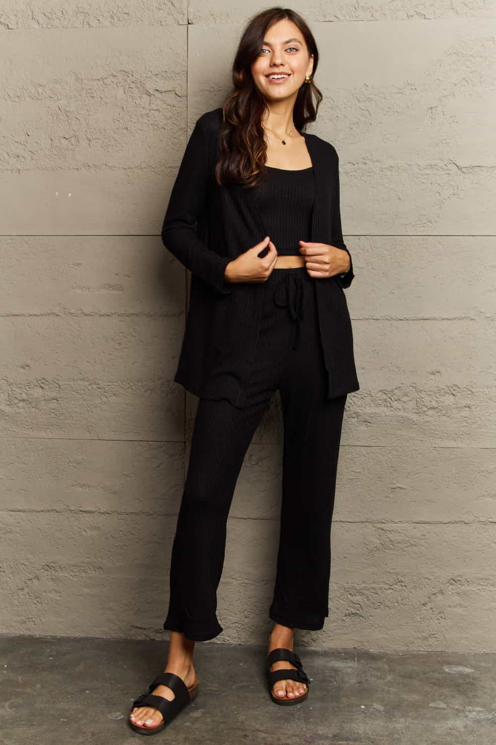 Full Size Cropped Top Long Pants and Cardigan Lounge Set - Black / S - Bottoms - Loungewear - 1 - 2024