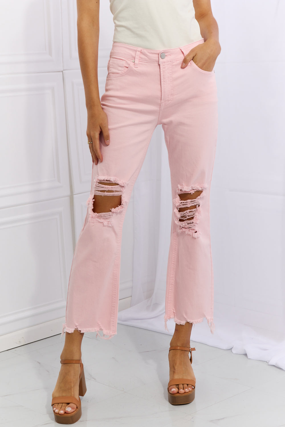 Full Size Distressed Ankle Flare Jeans - Pink / Bottoms - Pants - 1 - 2024