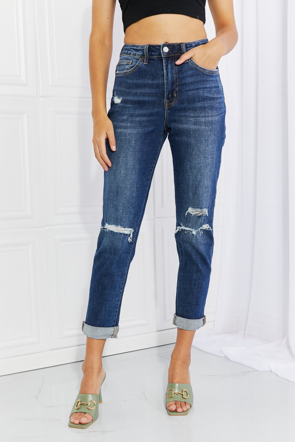 Full Size Distressed Cropped Jeans with Pockets - Bottoms - Pants - 6 - 2024