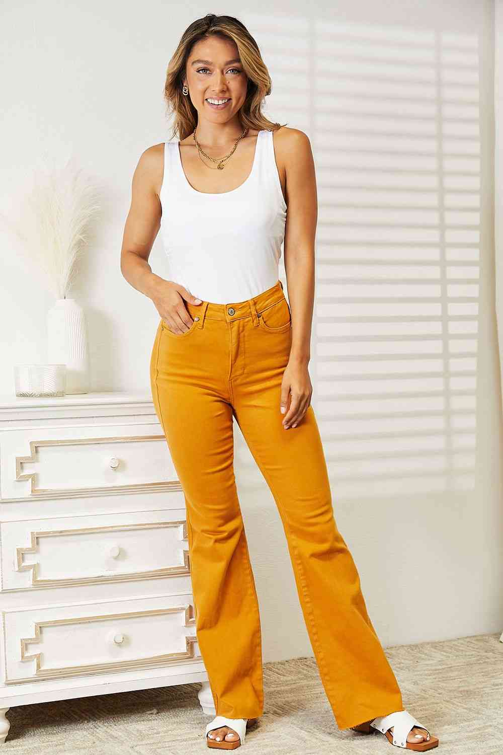 Full Size High Waist Tummy Control Garment Dyed Flare Jeans - Bottoms - Pants - 4 - 2024