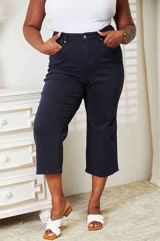 Full Size High Waist Tummy Control Garment Dyed Wide Cropped Jeans - Navy Blue / 0(24) - Bottoms - Pants - 1 - 2024