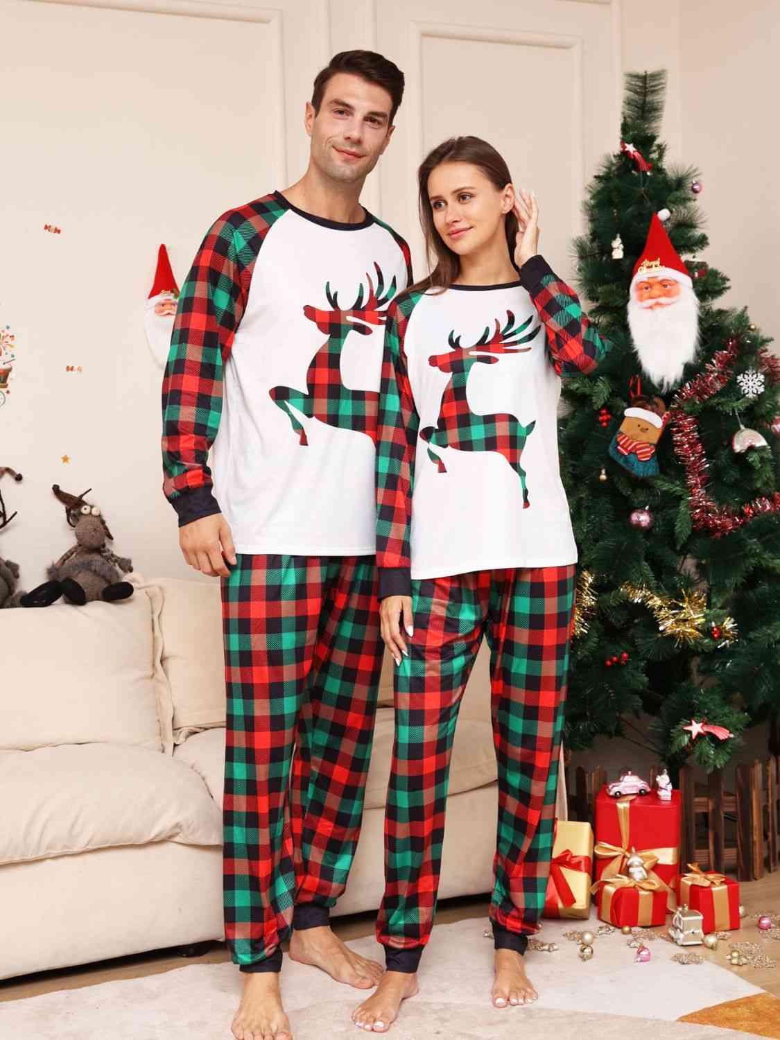 Full Size Reindeer Graphic Top and Plaid Pants Set - Bottoms - Outfit Sets - 3 - 2024