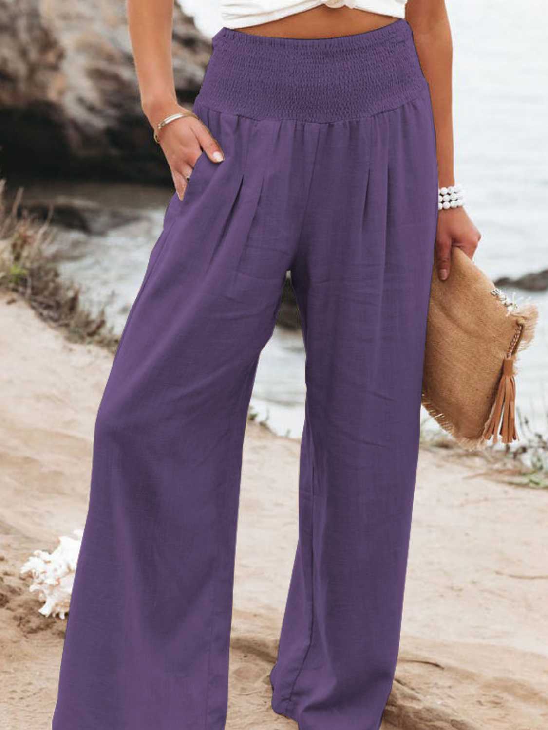 Full Size Smocked Waist Wide Leg Pants - Purple / S - Bottoms - Pants - 4 - 2024