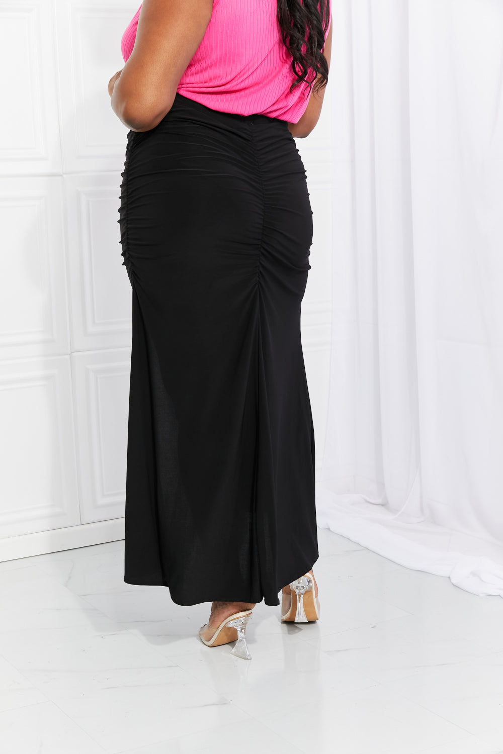 Full Size Up and Up Ruched Slit Maxi Skirt in Black - Bottoms - Skirts - 3 - 2024