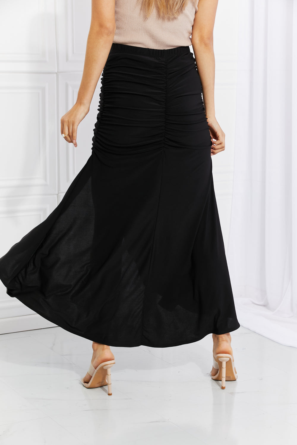 Full Size Up and Up Ruched Slit Maxi Skirt in Black - Bottoms - Skirts - 6 - 2024