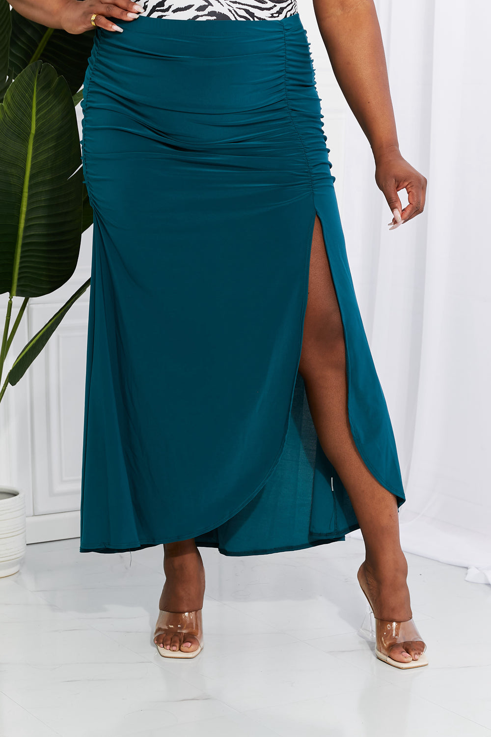 Full Size Up and Up Ruched Slit Maxi Skirt in Teal - Bottoms - Skirts - 6 - 2024