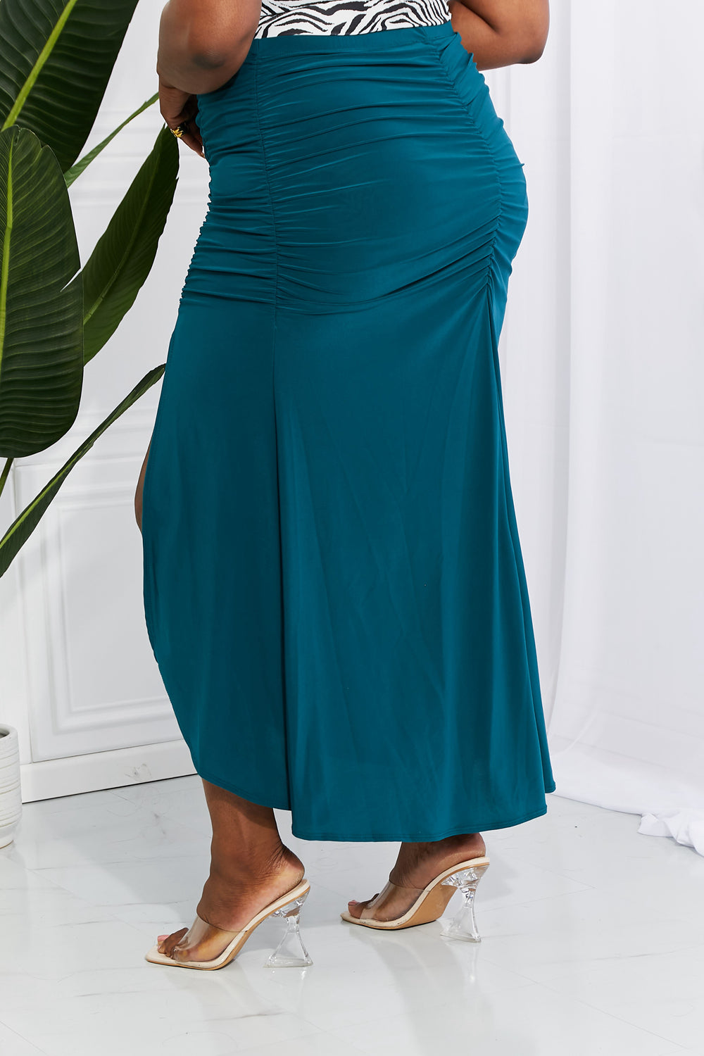 Full Size Up and Up Ruched Slit Maxi Skirt in Teal - Bottoms - Skirts - 7 - 2024