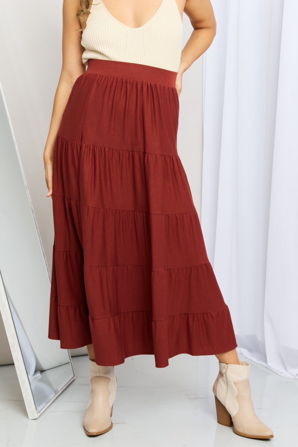 Full Size Wide Waistband Tiered Midi Skirt - Dk Rust / S - Bottoms - Skirts - 1 - 2024