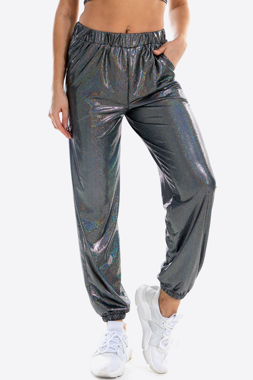 Glitter Elastic Waist Pants with Pockets - Dark Gray / S - Bottoms - Pants - 4 - 2024