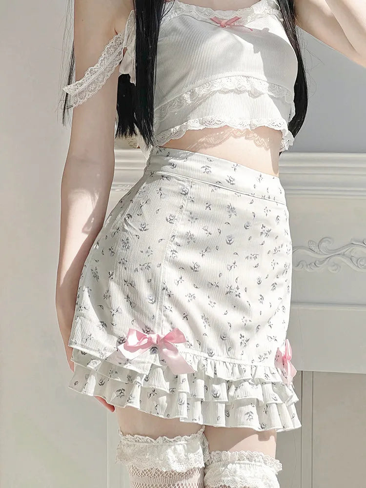 Harajuku Kawaii Fashion Dollcore Coquette Aesthetic Floral Chiffon Bow Skirt - Bottoms - Skirts - 1 - 2024