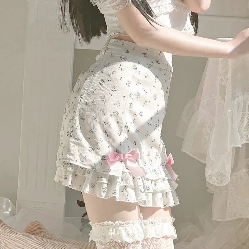 Harajuku Kawaii Fashion Dollcore Coquette Aesthetic Floral Chiffon Bow Skirt - Bottoms - Skirts - 10 - 2024