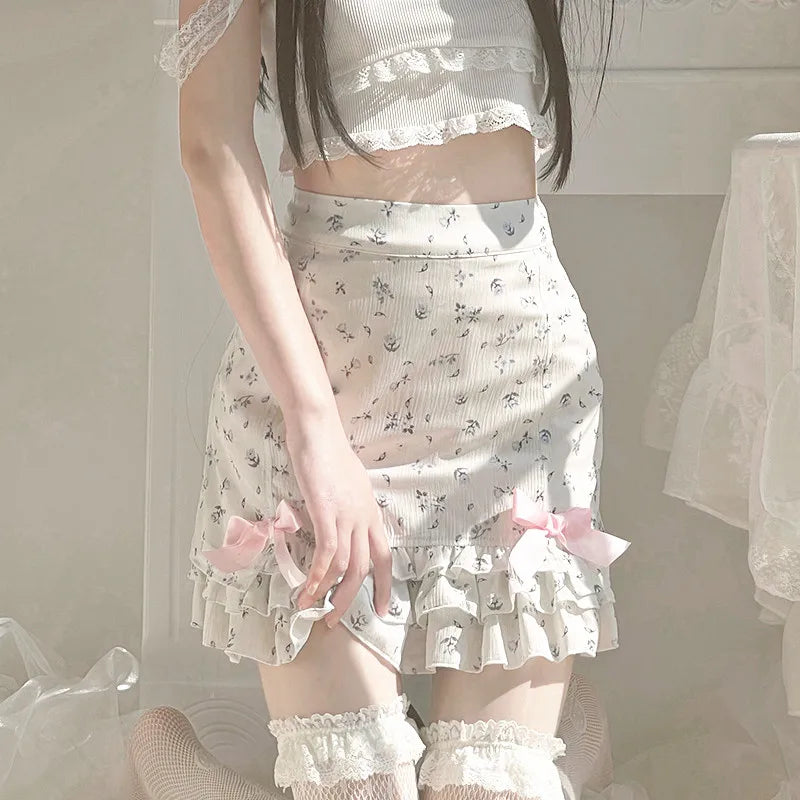 Harajuku Kawaii Fashion Dollcore Coquette Aesthetic Floral Chiffon Bow Skirt - Bottoms - Skirts - 11 - 2024