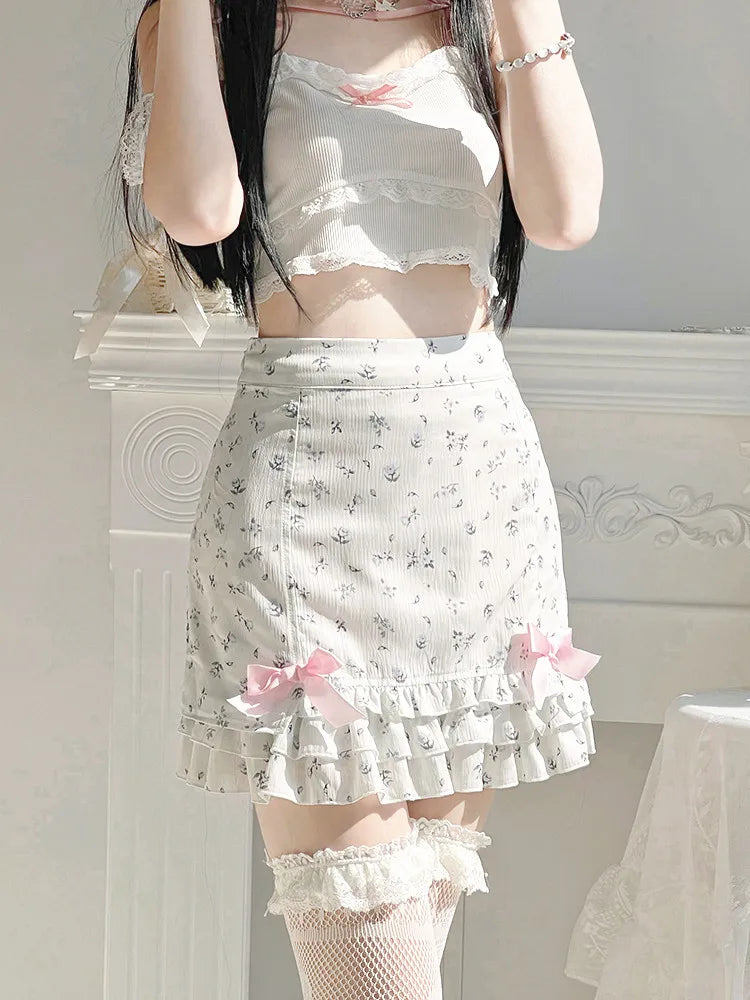 Harajuku Kawaii Fashion Dollcore Coquette Aesthetic Floral Chiffon Bow Skirt - Bottoms - Skirts - 2 - 2024