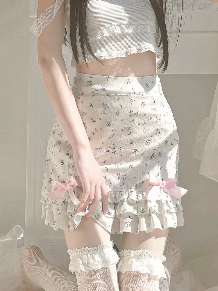 Harajuku Kawaii Fashion Dollcore Coquette Aesthetic Floral Chiffon Bow Skirt - White / S - Bottoms - Skirts - 6 - 2024
