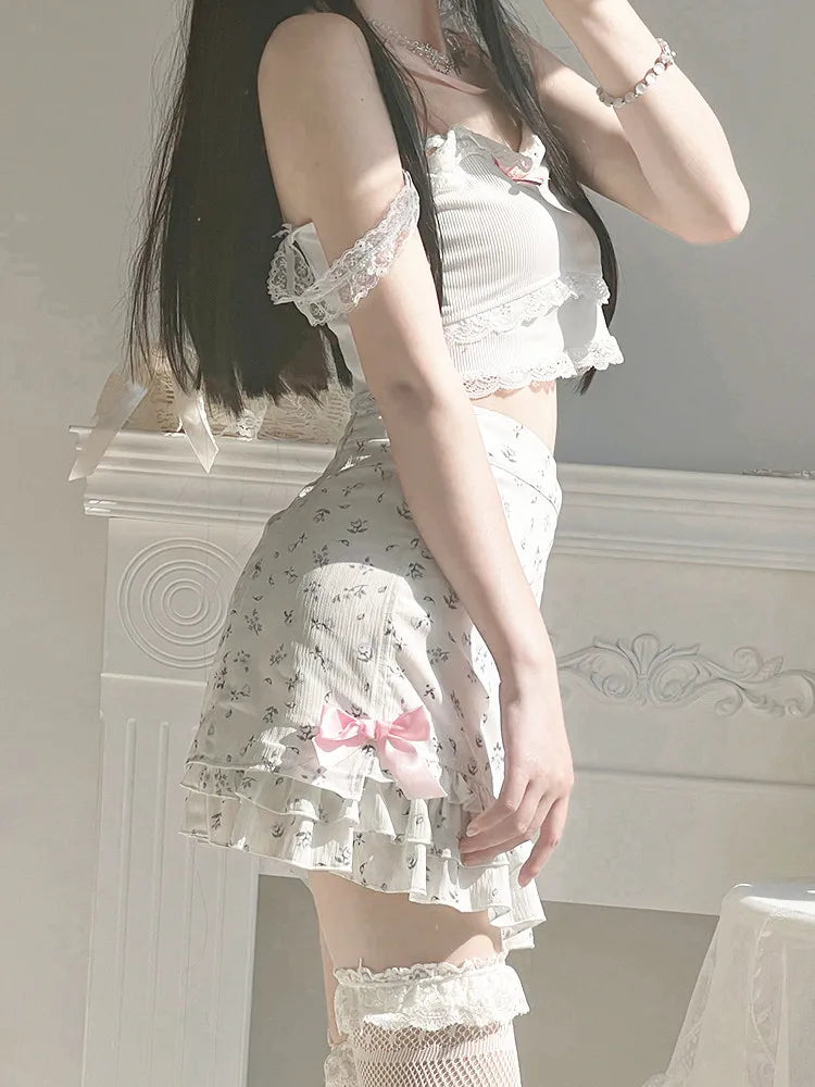 Harajuku Kawaii Fashion Dollcore Coquette Aesthetic Floral Chiffon Bow Skirt - Bottoms - Skirts - 3 - 2024