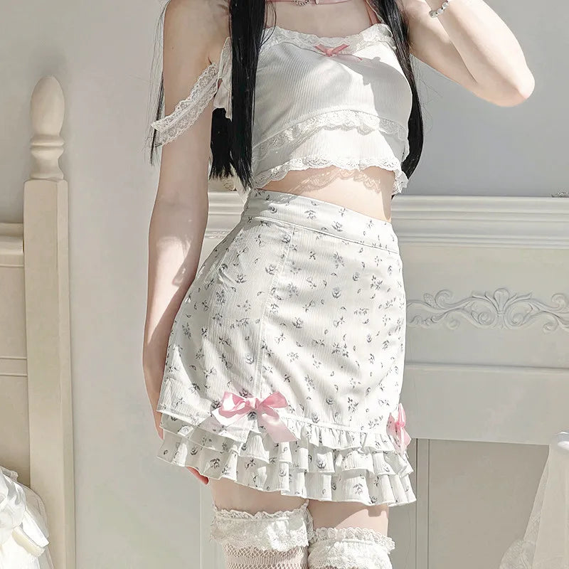 Harajuku Kawaii Fashion Dollcore Coquette Aesthetic Floral Chiffon Bow Skirt - Bottoms - Skirts - 8 - 2024
