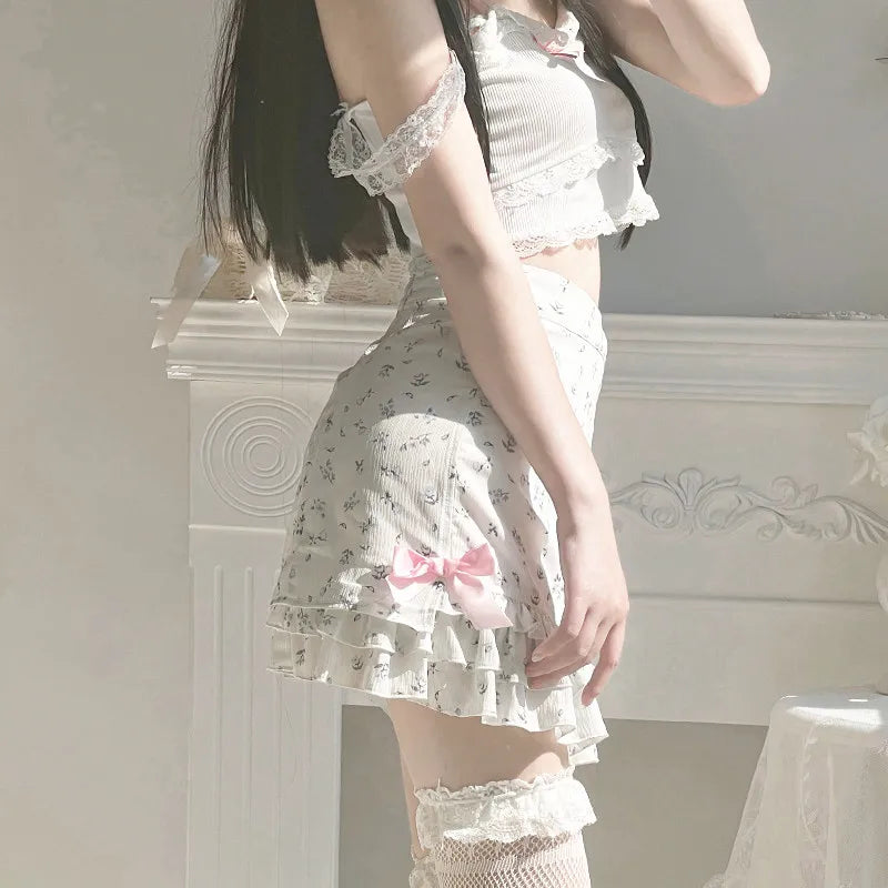 Harajuku Kawaii Fashion Dollcore Coquette Aesthetic Floral Chiffon Bow Skirt - Bottoms - Skirts - 9 - 2024