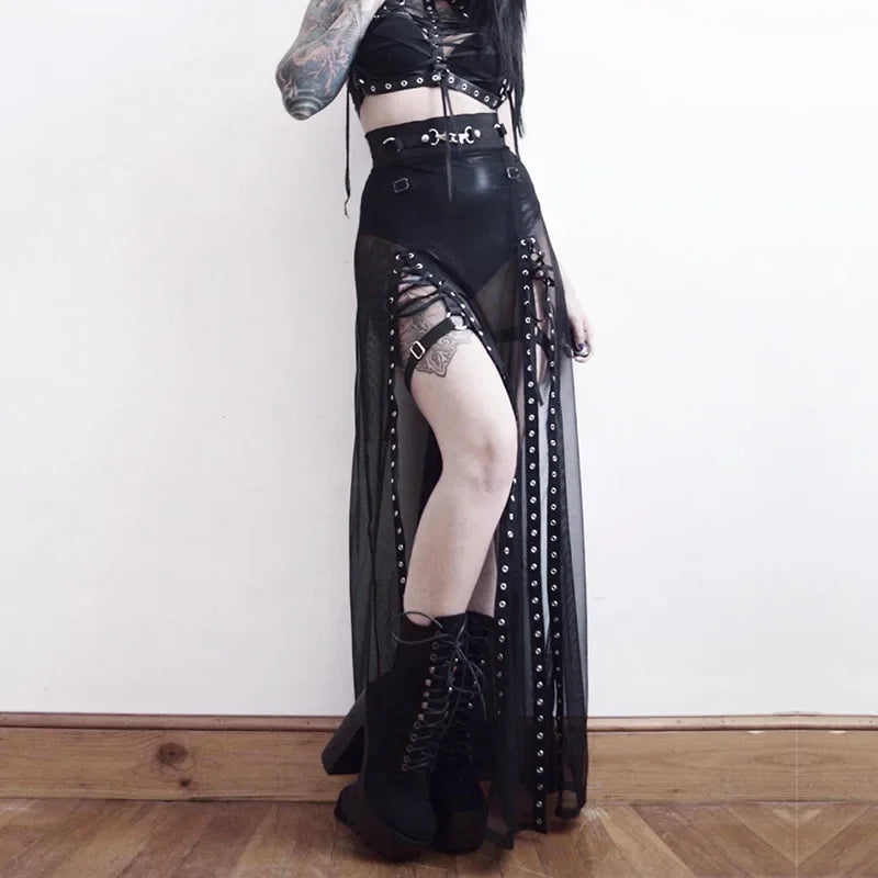 Harajuku Punk Hollow Out Y2K Skirt - Goth Grunge Patchwork Eyelet Long Skirt - Bottoms - Skirts - 6 - 2024