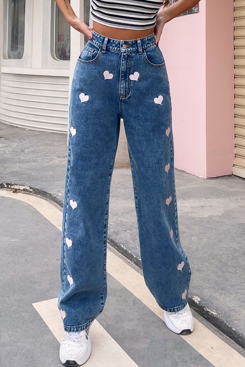 Heart Print Buttoned Jeans - Bottoms - Pants - 3 - 2024