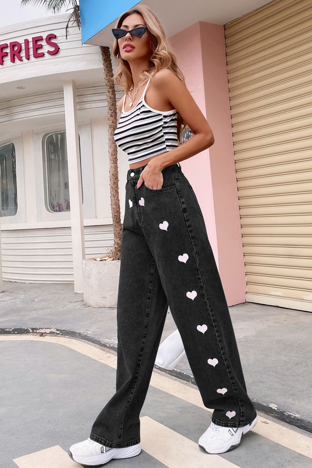 Heart Print Buttoned Jeans - Bottoms - Pants - 9 - 2024