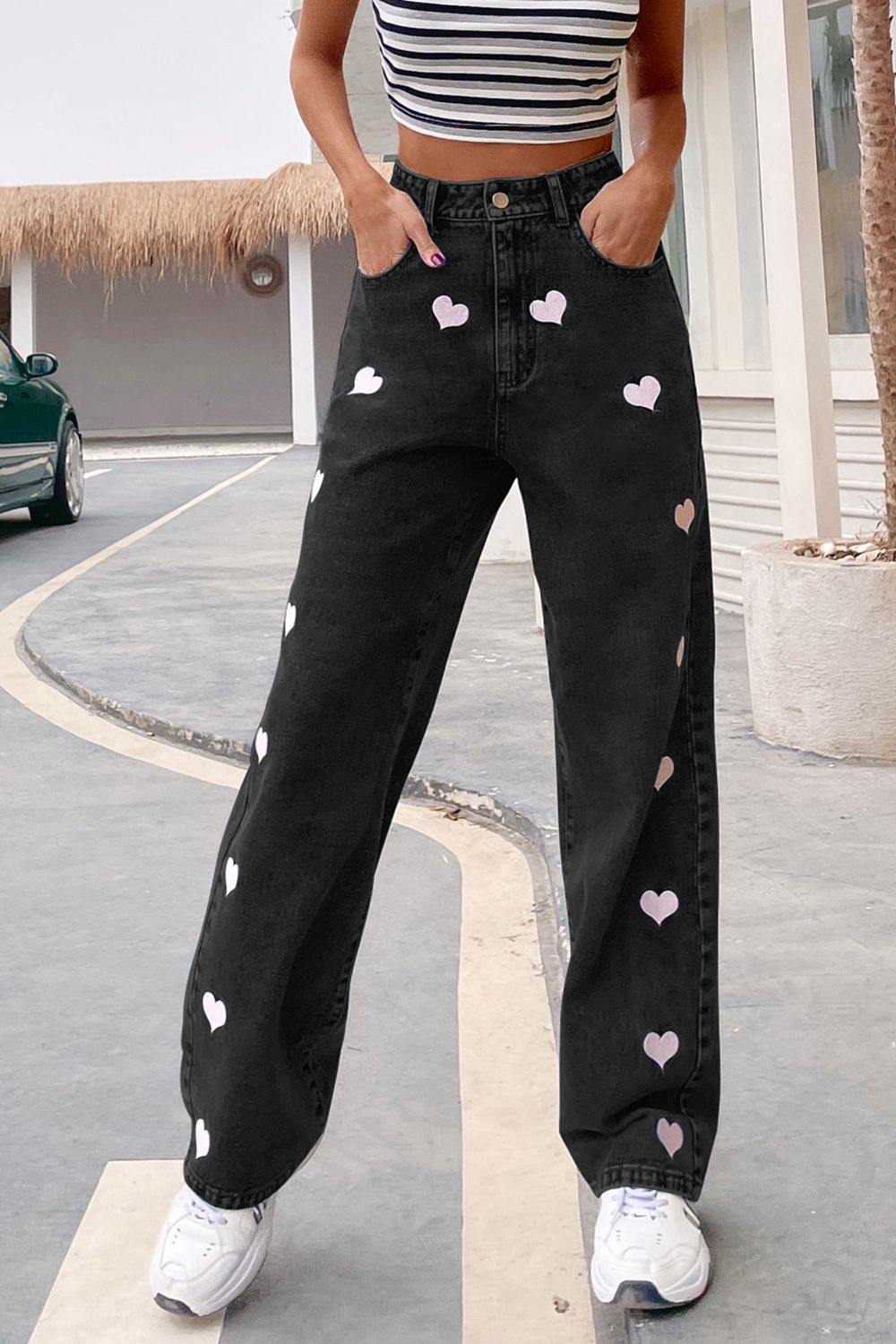 Heart Print Buttoned Jeans - Black / XS - Bottoms - Pants - 6 - 2024