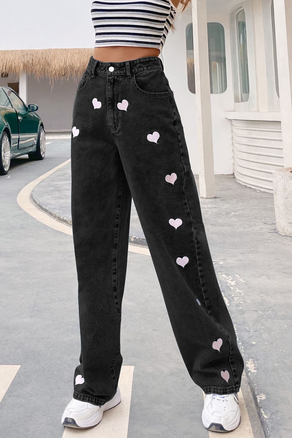Heart Print Buttoned Jeans - Bottoms - Pants - 7 - 2024
