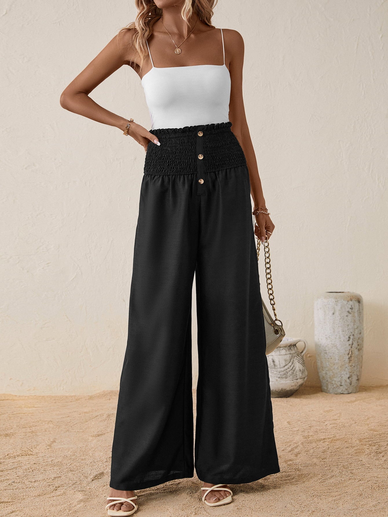 High Smocked Waist Buttoned Relax Fit Long Pants - Bottoms - Pants - 6 - 2024