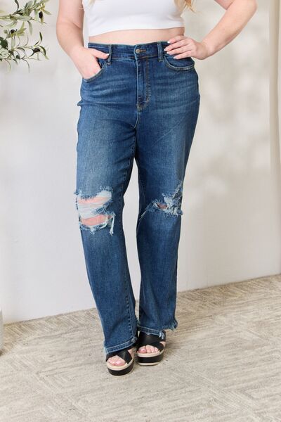 High Waist 90’s Distressed Straight Jeans - Dark / 0(24) - Bottoms - Pants - 1 - 2024