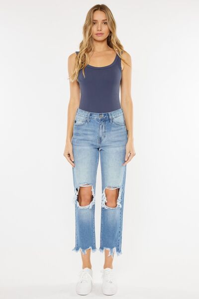High Waist Chewed Up Straight Mom Jeans - Bottoms - Pants - 8 - 2024