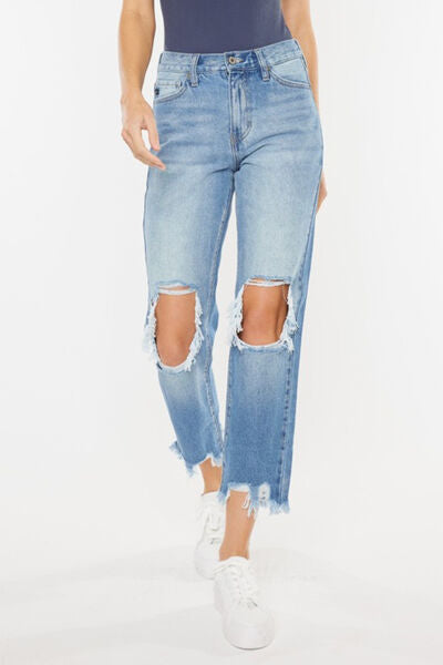 High Waist Chewed Up Straight Mom Jeans - Bottoms - Pants - 9 - 2024