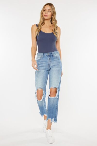High Waist Chewed Up Straight Mom Jeans - Bottoms - Pants - 7 - 2024