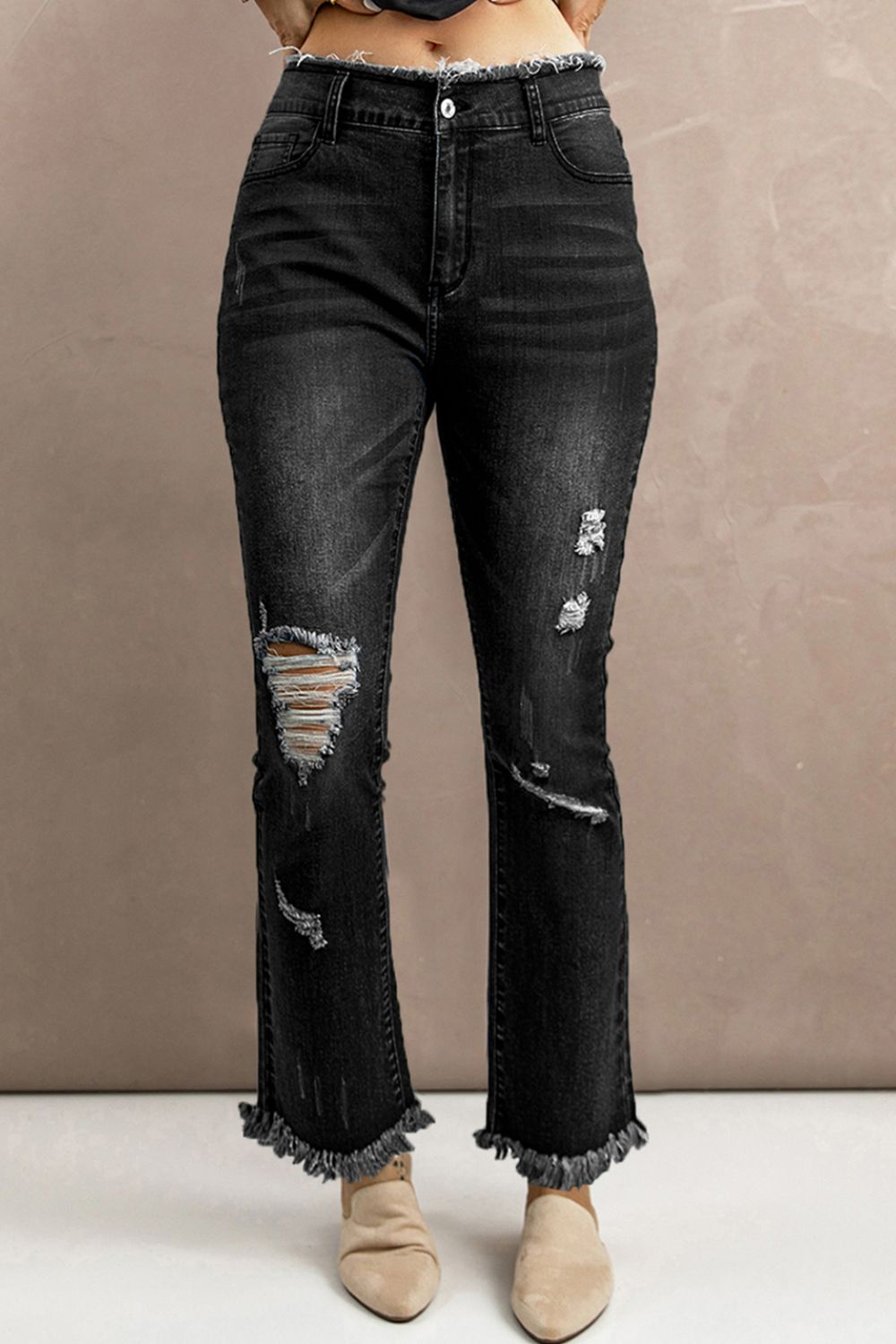 High Waist Distressed Raw Hem Jeans - Black / S - Bottoms - Pants - 11 - 2024