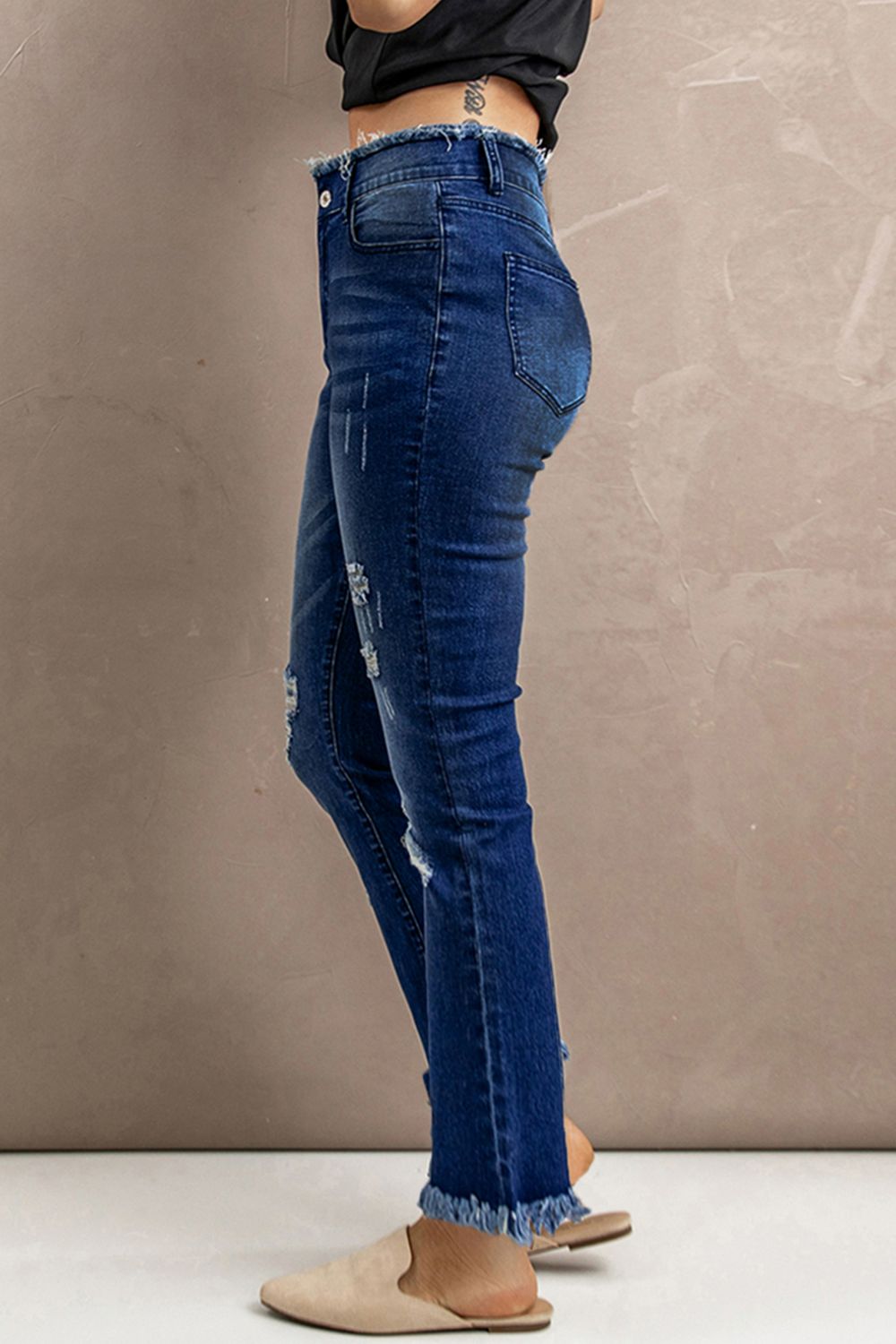 High Waist Distressed Raw Hem Jeans - Bottoms - Pants - 6 - 2024