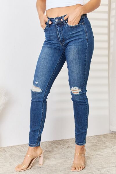High Waist Distressed Slim Jeans - Dark / Bottoms - Pants - 1 - 2024