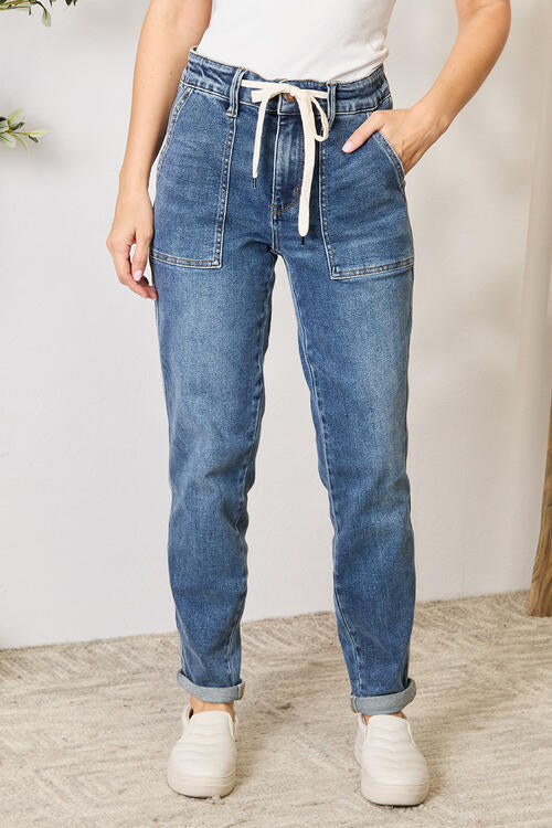 High Waist Drawstring Denim Jeans - Medium / 0(24) - Bottoms - Pants - 1 - 2024