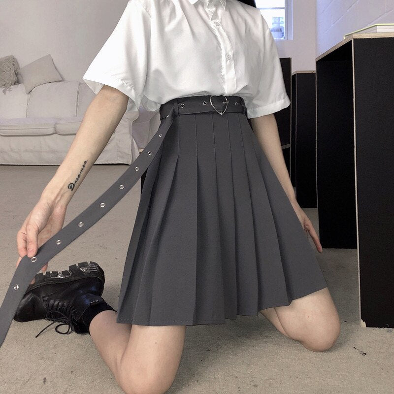 High Waist Pleated Mini Skirt with Heart Buckle - Bottoms - Shirts & Tops - 4 - 2024
