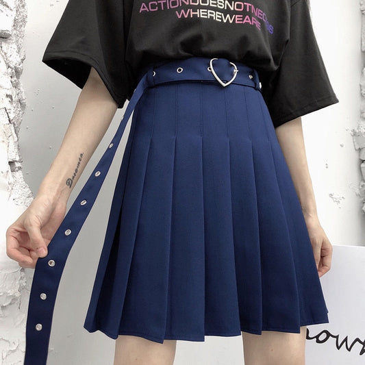 High Waist Pleated Mini Skirt with Heart Buckle - Bottoms - Shirts & Tops - 1 - 2024