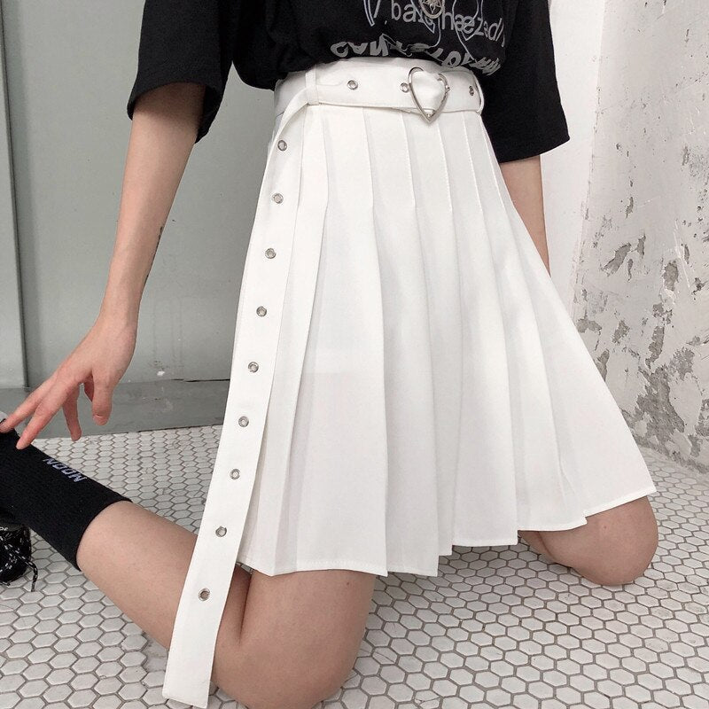 High Waist Pleated Mini Skirt with Heart Buckle - Bottoms - Shirts & Tops - 2 - 2024