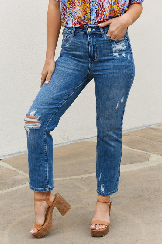 High Waisted Ankle Distressed Straight Jeans - Medium / Bottoms - Pants - 1 - 2024