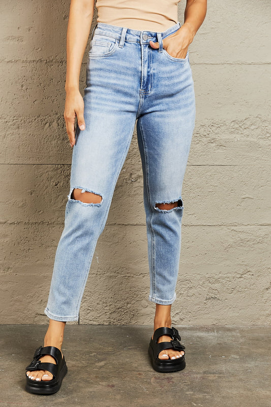 High Waisted Distressed Slim Cropped Jeans - Medium / 24 - Bottoms - Pants - 1 - 2024
