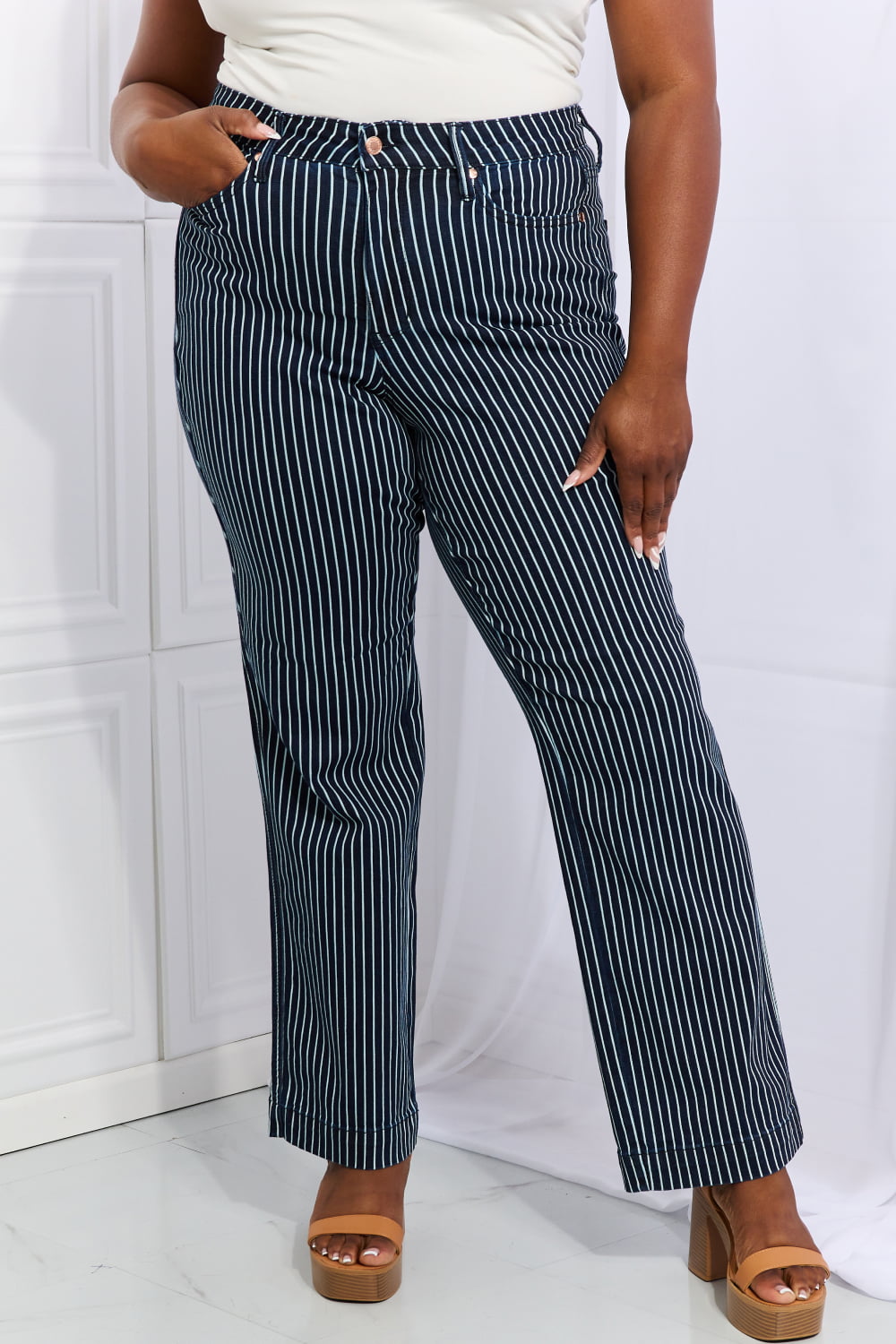 High Waisted Tummy Control Striped Straight Jeans - Bottoms - Pants - 3 - 2024
