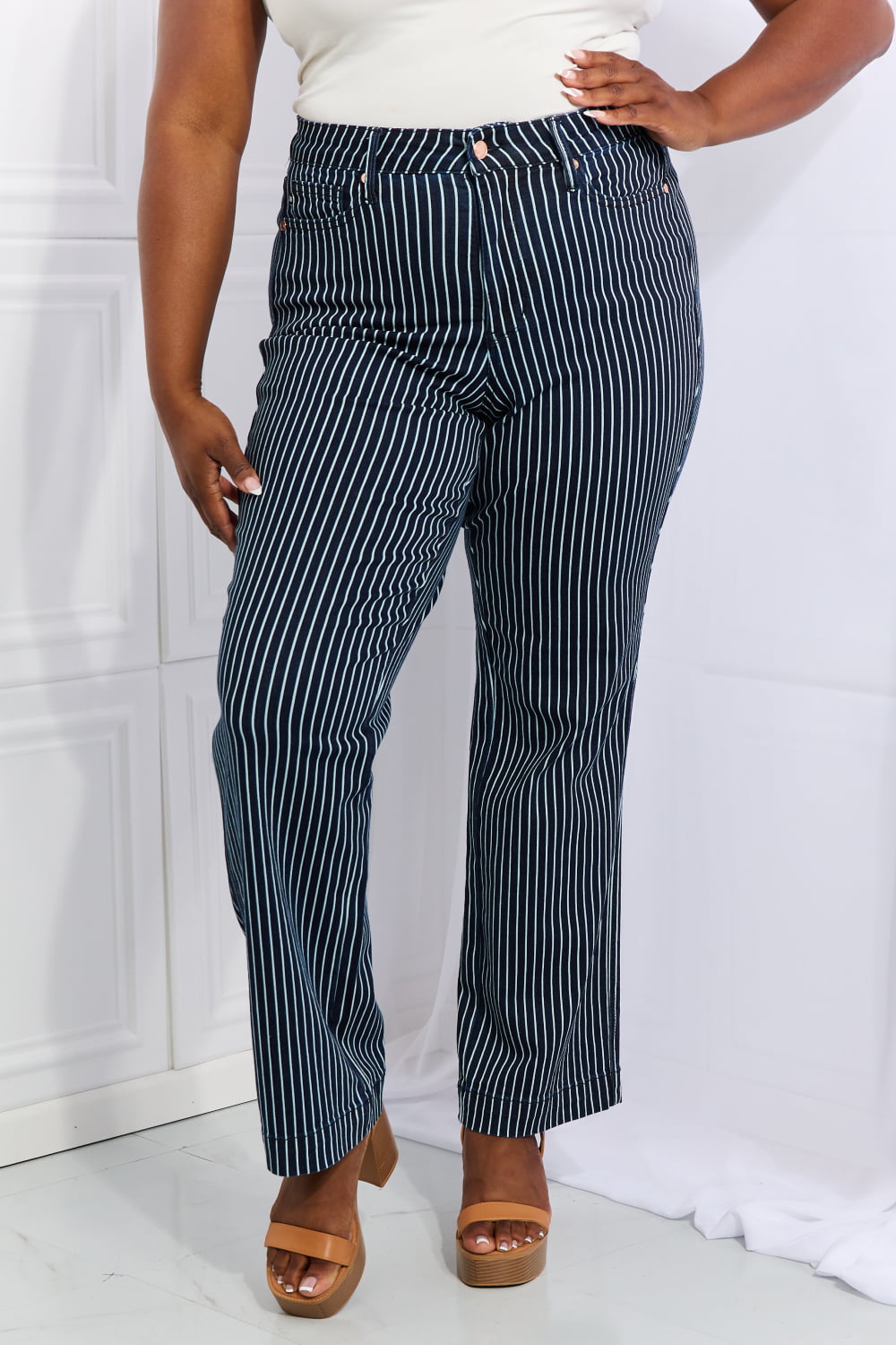 High Waisted Tummy Control Striped Straight Jeans - Blue / 0(24) - Bottoms - Pants - 1 - 2024