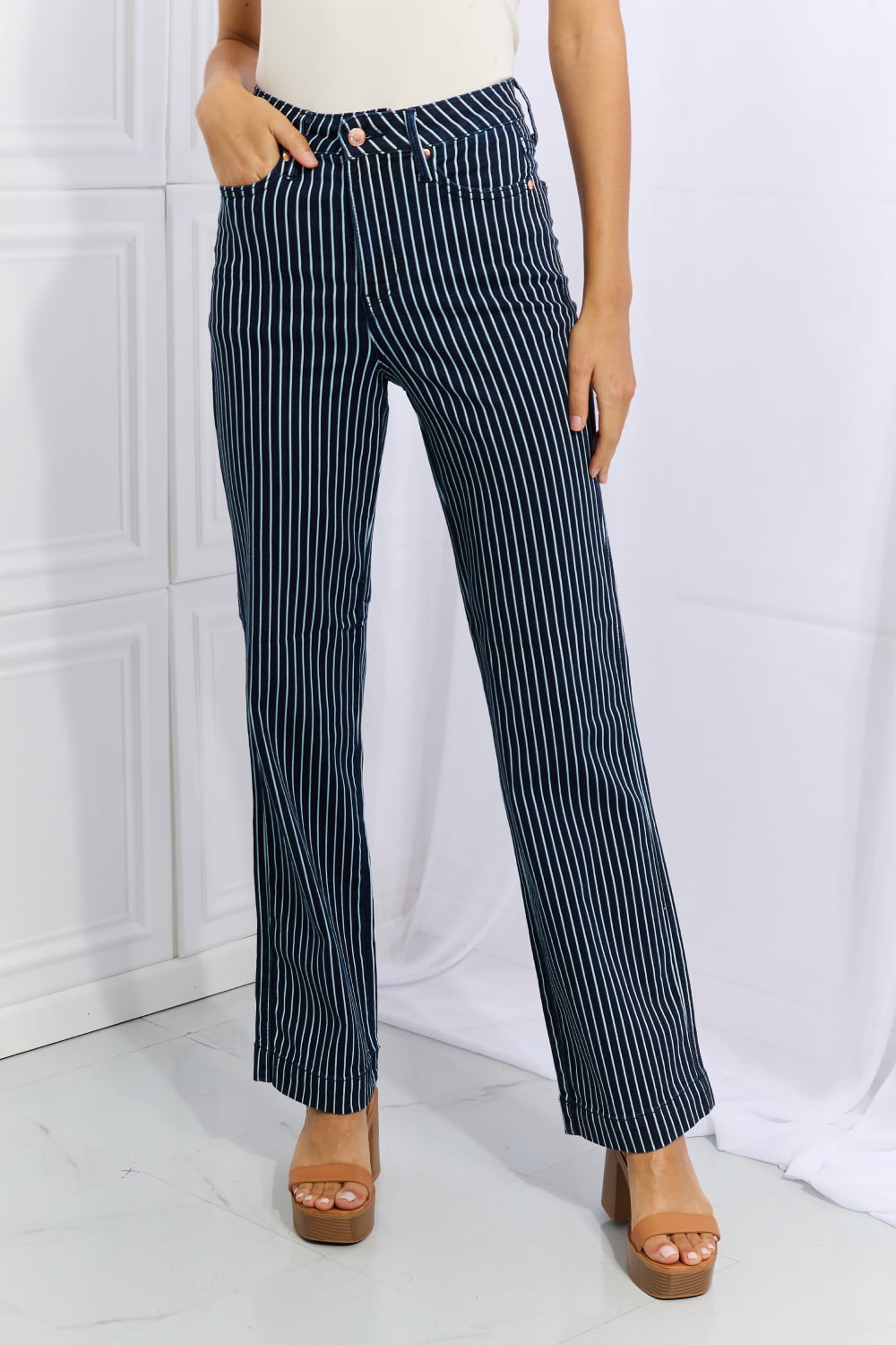 High Waisted Tummy Control Striped Straight Jeans - Bottoms - Pants - 10 - 2024